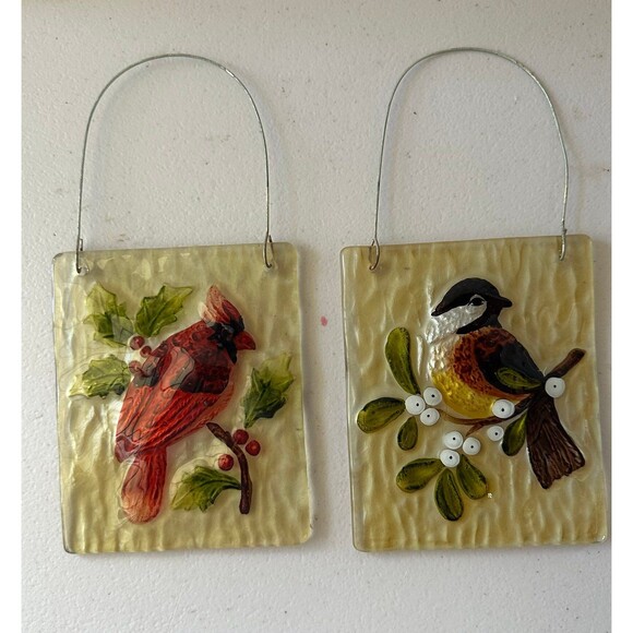 Vintage Cardinal Chickadee Birds Pressed Textured Stain Glass Suncatcher Set - Picture 1 of 2